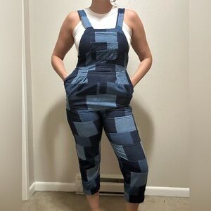 One of a Kind Patchwork Denim Overalls — Medium Petite Cropped Jean Jumpsuit